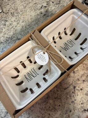Rae Dunn White Ceramic 'RINSE' & 'WASH' Soap Dishes